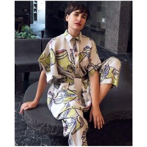 Carla Fernandez Women’s Printed Short Sleeve Linen Button Up Shirt Small Artsy